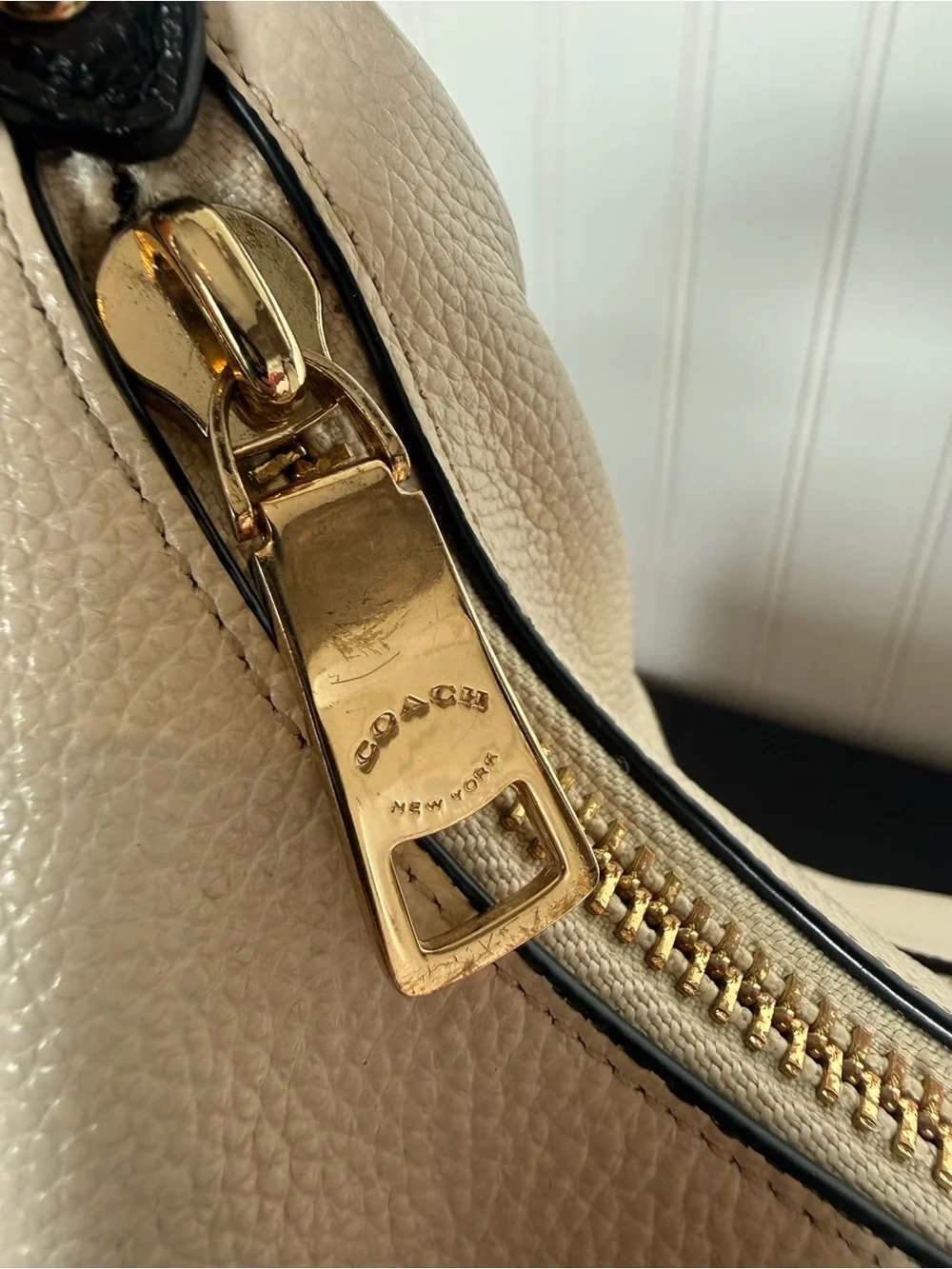 Coach Cream & Tan Pebbled Leather Hobo with Black Trim